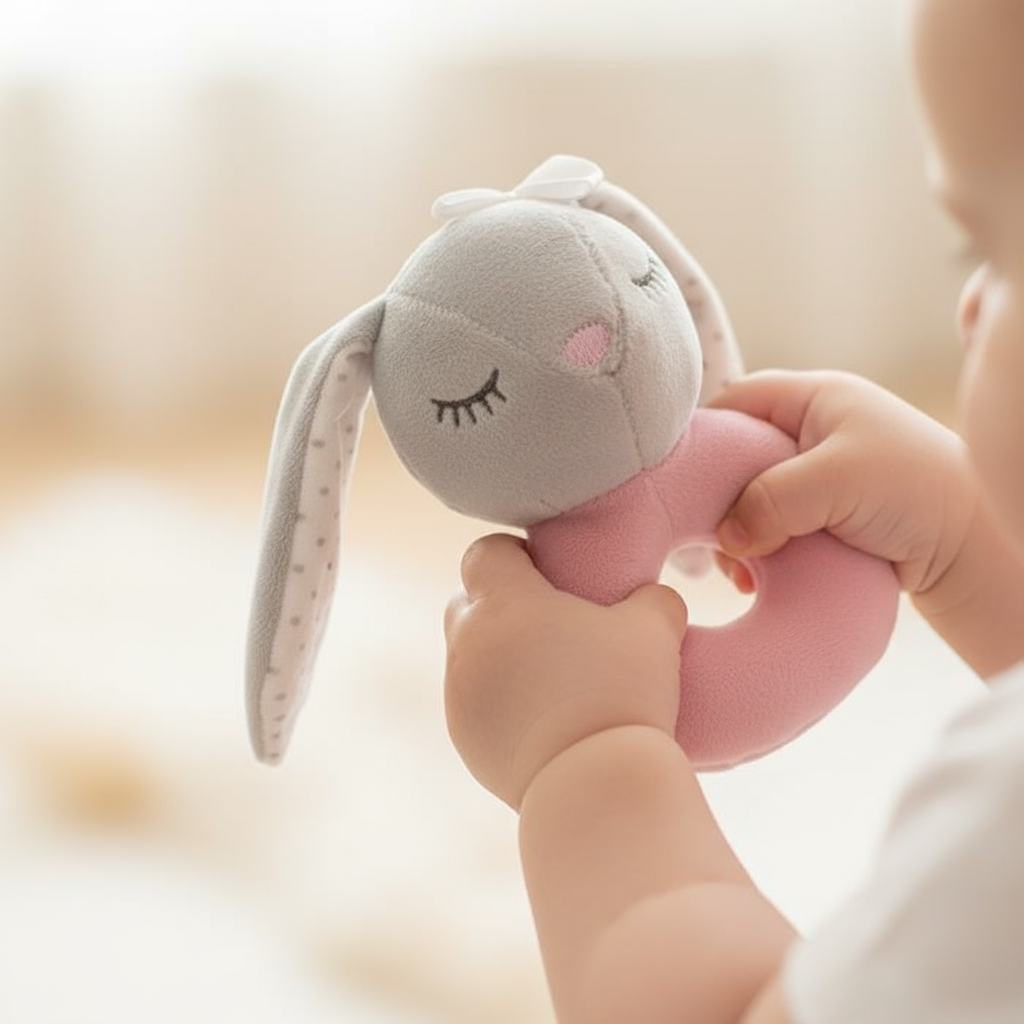 Manine di bambino con sonaglino coniglietto