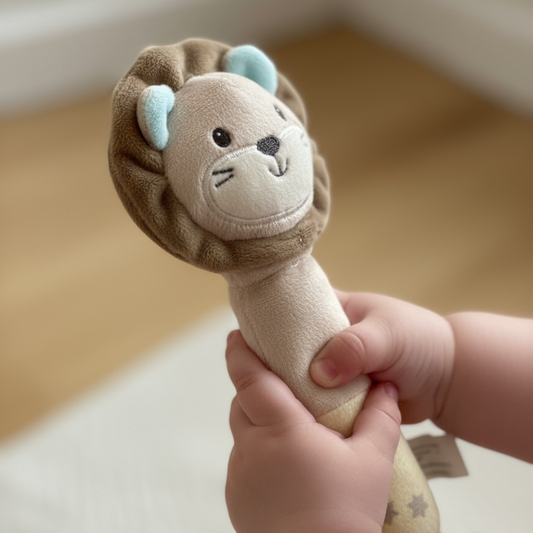 Manine di bambino con sonaglino leoncino