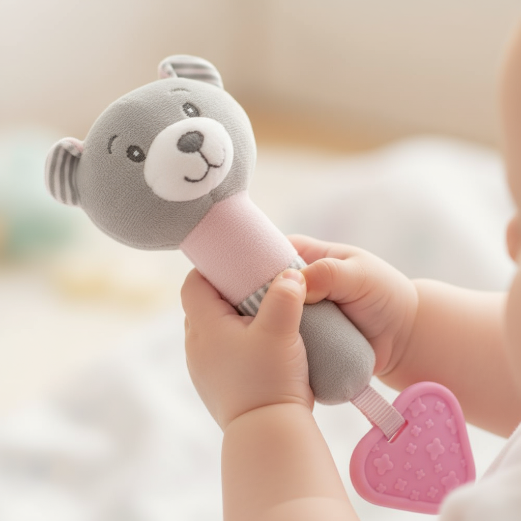 Manine di bambino con sonaglino orsetto