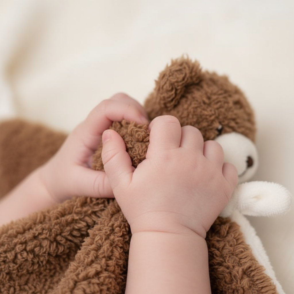 Manine di neonato con doudou orsetto marrone