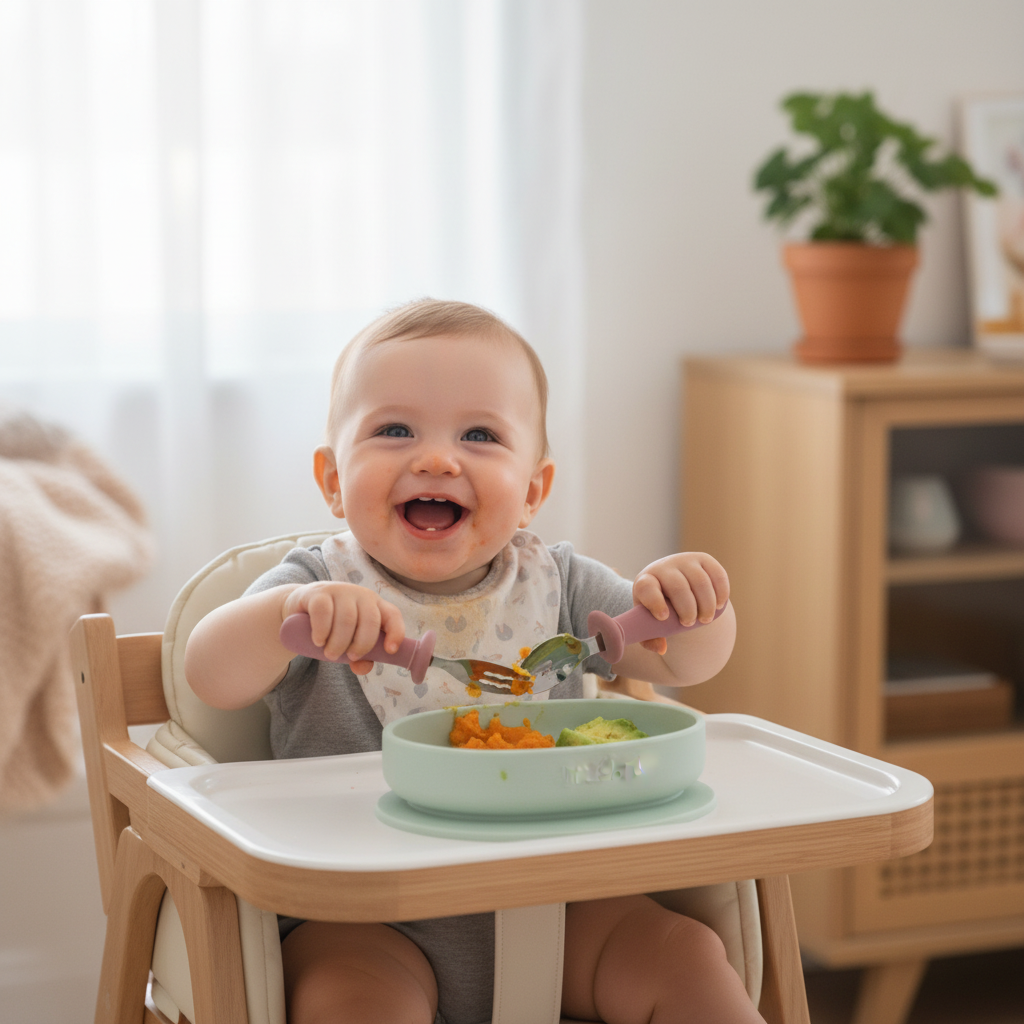 Neonato che mangia con posate rosa dark