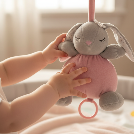 Neonato con coniglietto grigio