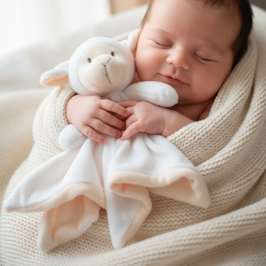 Neonato con doudou agnellino bianco