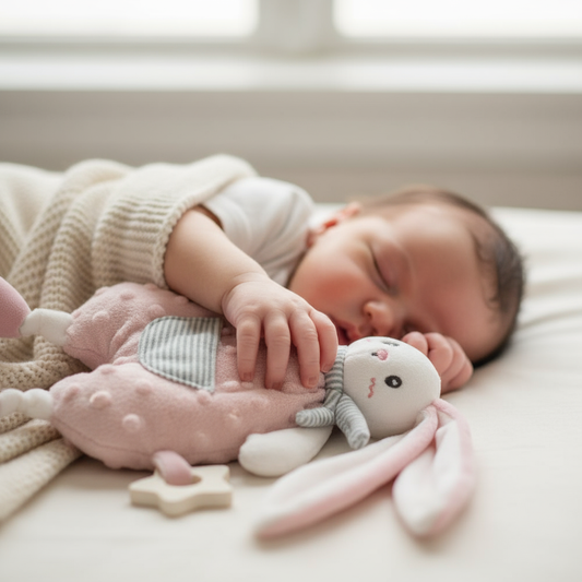 Neonato con doudou coniglietto bianco e rosa