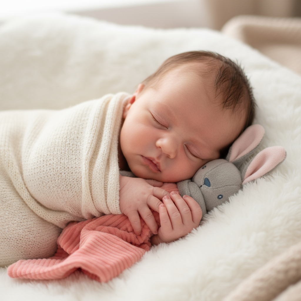 Neonato con doudou coniglietto grigio e rosa corallo