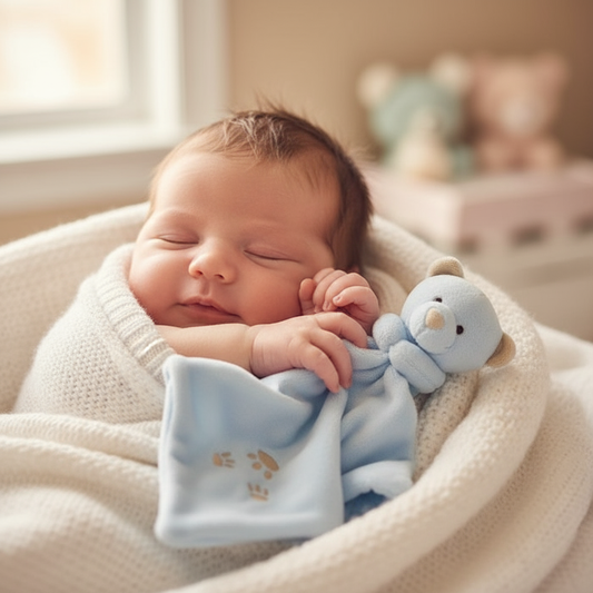 Neonato con doudou orsetto azzurro con fiocco