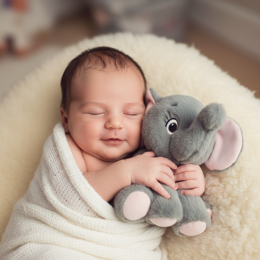 Neonato con peluche elefantino grigio e rosa