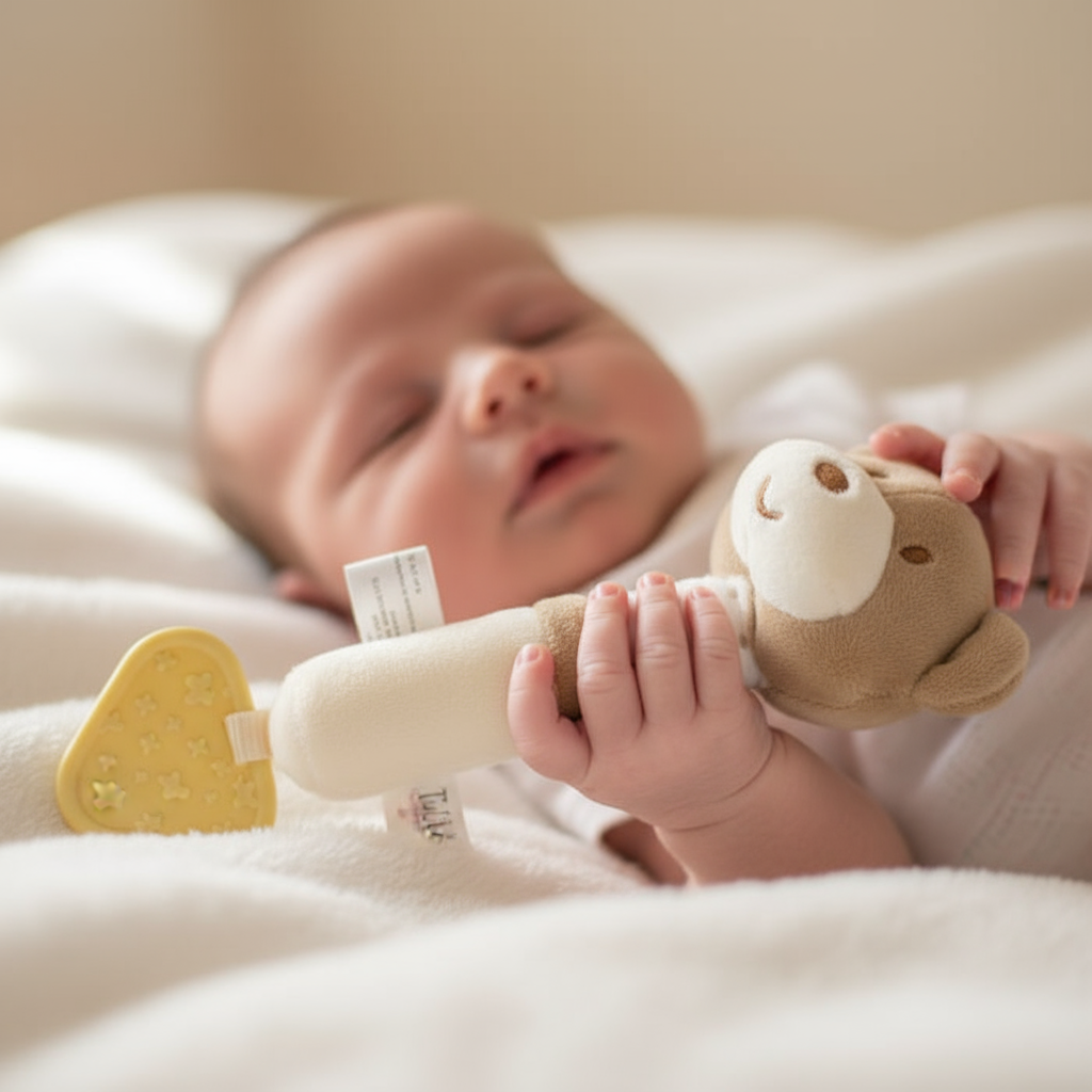 Neonato con sonaglino orsetto beige