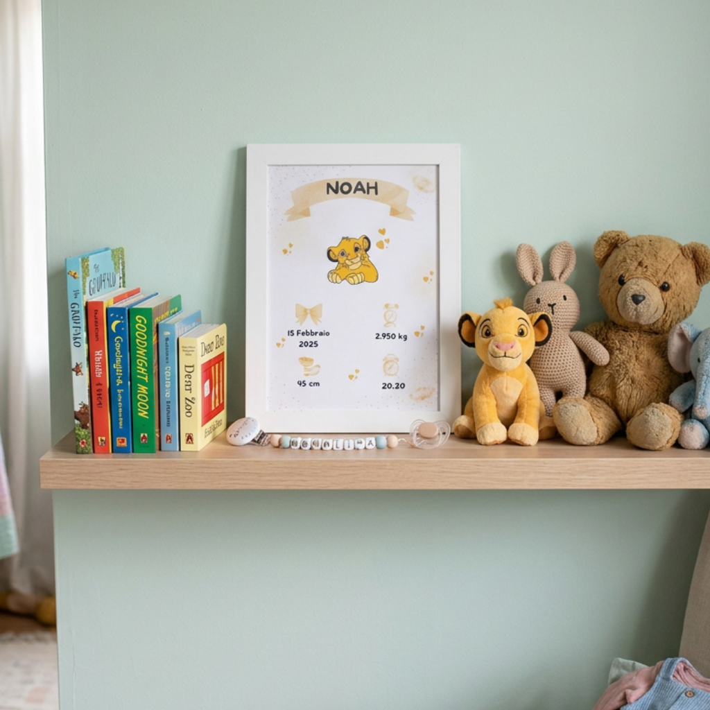 Little Bird - Quadretto Nascita Simba Personalizzato con Nome, Data, Peso, Altezza e Orario - Idea Regalo Nascita e Battesimo