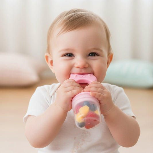 Massaggiagengive Svezzamento con Rete per Frutta in Silicone Alimentare - Manico Gattino Rosa