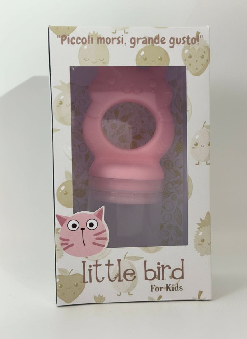 Massaggiagengive Svezzamento con Rete per Frutta in Silicone Alimentare - Manico Gattino Rosa