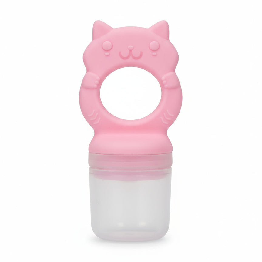 Massaggiagengive Svezzamento con Rete per Frutta in Silicone Alimentare - Manico Gattino Rosa