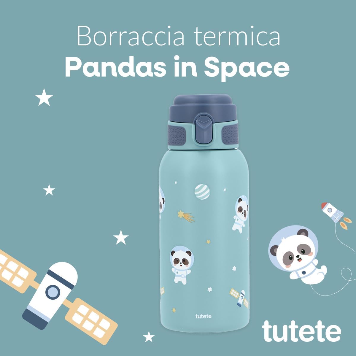 Borraccia Termica Pandas in Space Tutete - immagine promozionale Tutete con pandine astronaute, razzi e stelle su sfondo verde acqua