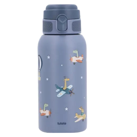 Borraccia Termica Planes Tutete 500ml - vista frontale azzurra con fantasia animali su aeroplanini e tappo push-button