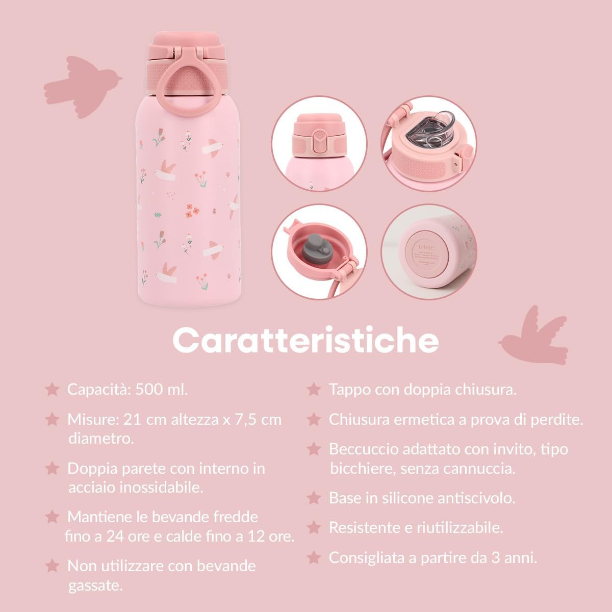 Borraccia Termica Blossom Birds - infografica pulizia e cura