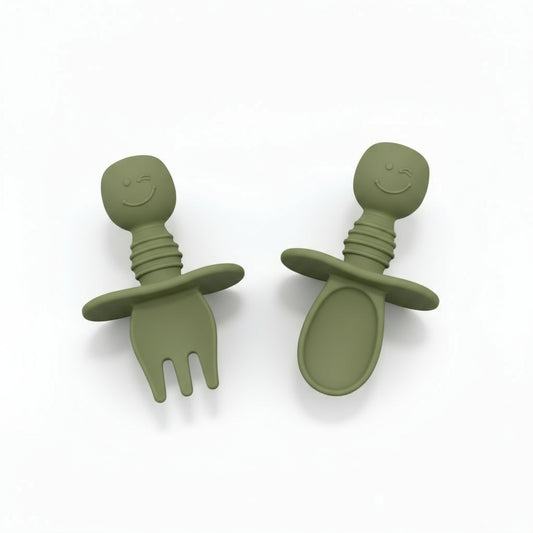 Set Posate Svezzamento 2-in-1 in Silicone BPA Free Olive - Forchetta e Cucchiaio Massaggiagengive Little Bird
