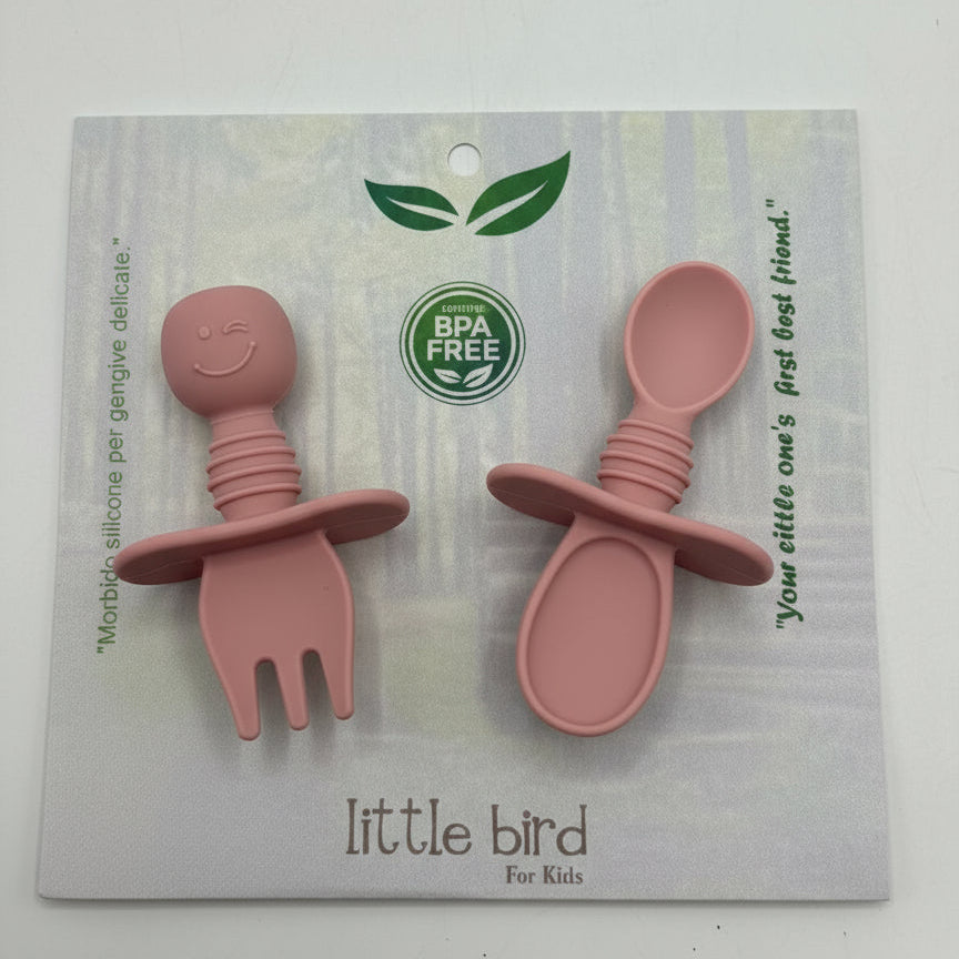 Set Posate Svezzamento 2-in-1 in Silicone BPA Free Rose Pink - Forchetta e Cucchiaio Massaggiagengive Little Bird