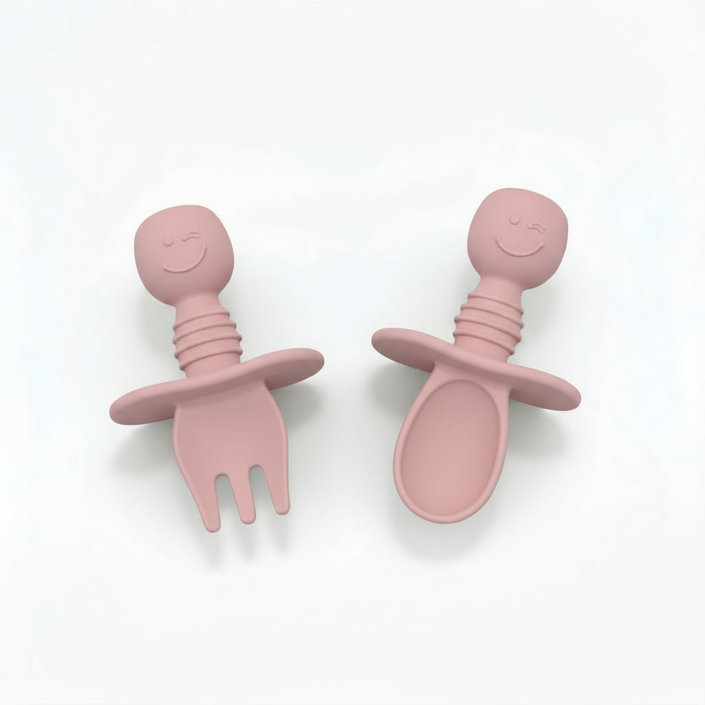 Set Posate Svezzamento 2-in-1 in Silicone BPA Free Rose Pink - Forchetta e Cucchiaio Massaggiagengive Little Bird