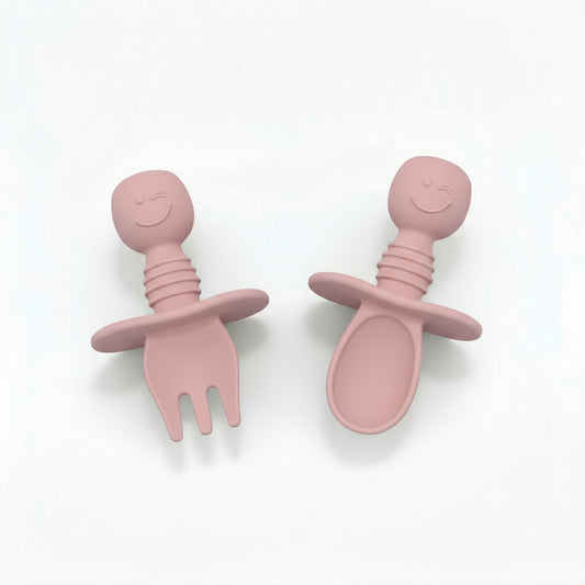 Set Posate Svezzamento 2-in-1 in Silicone BPA Free Rose Pink - Forchetta e Cucchiaio Massaggiagengive Little Bird