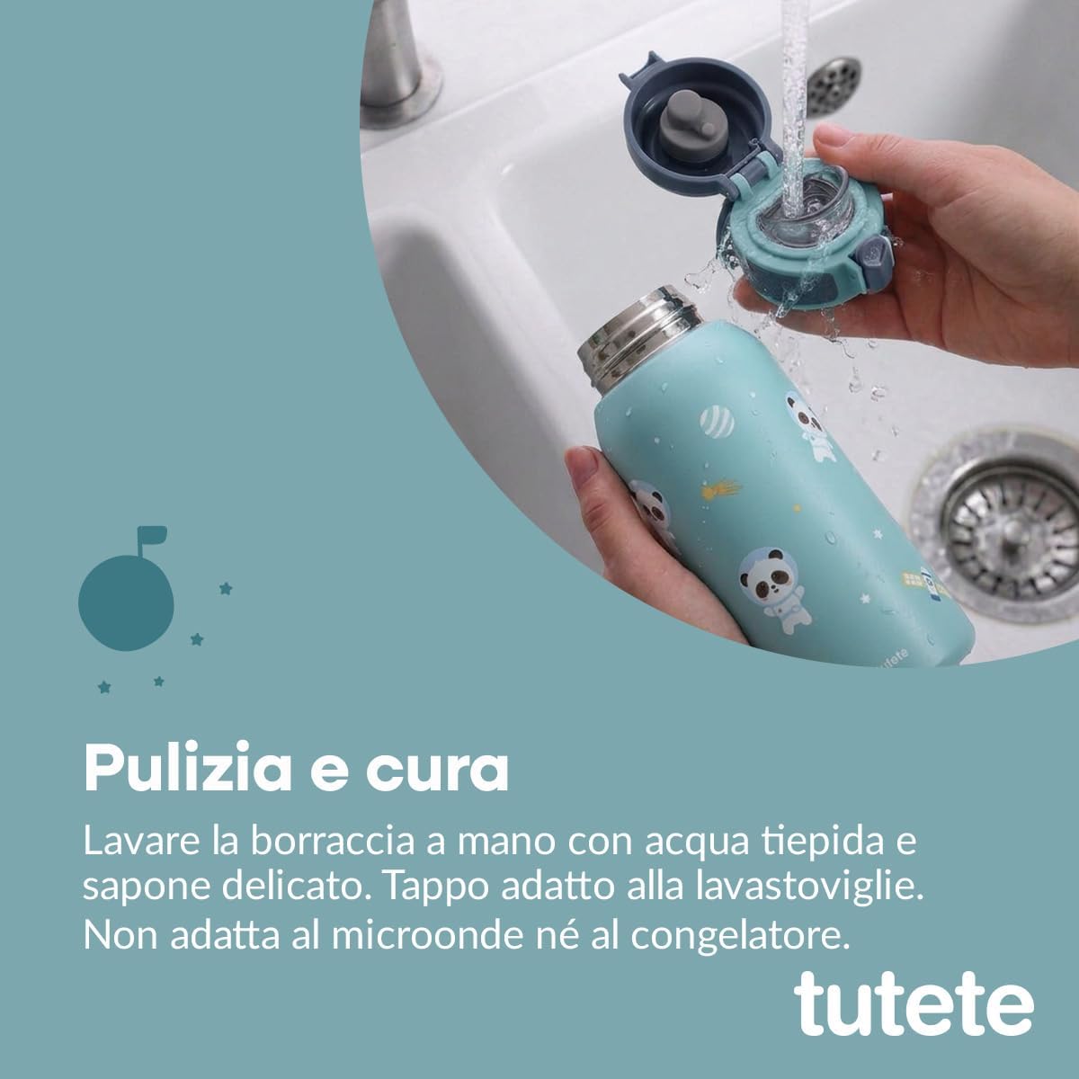 Borraccia Termica Pandas in Space Tutete - pulizia e cura: lavaggio a mano corpo, tappo lavastoviglie, non microonde né congelatore