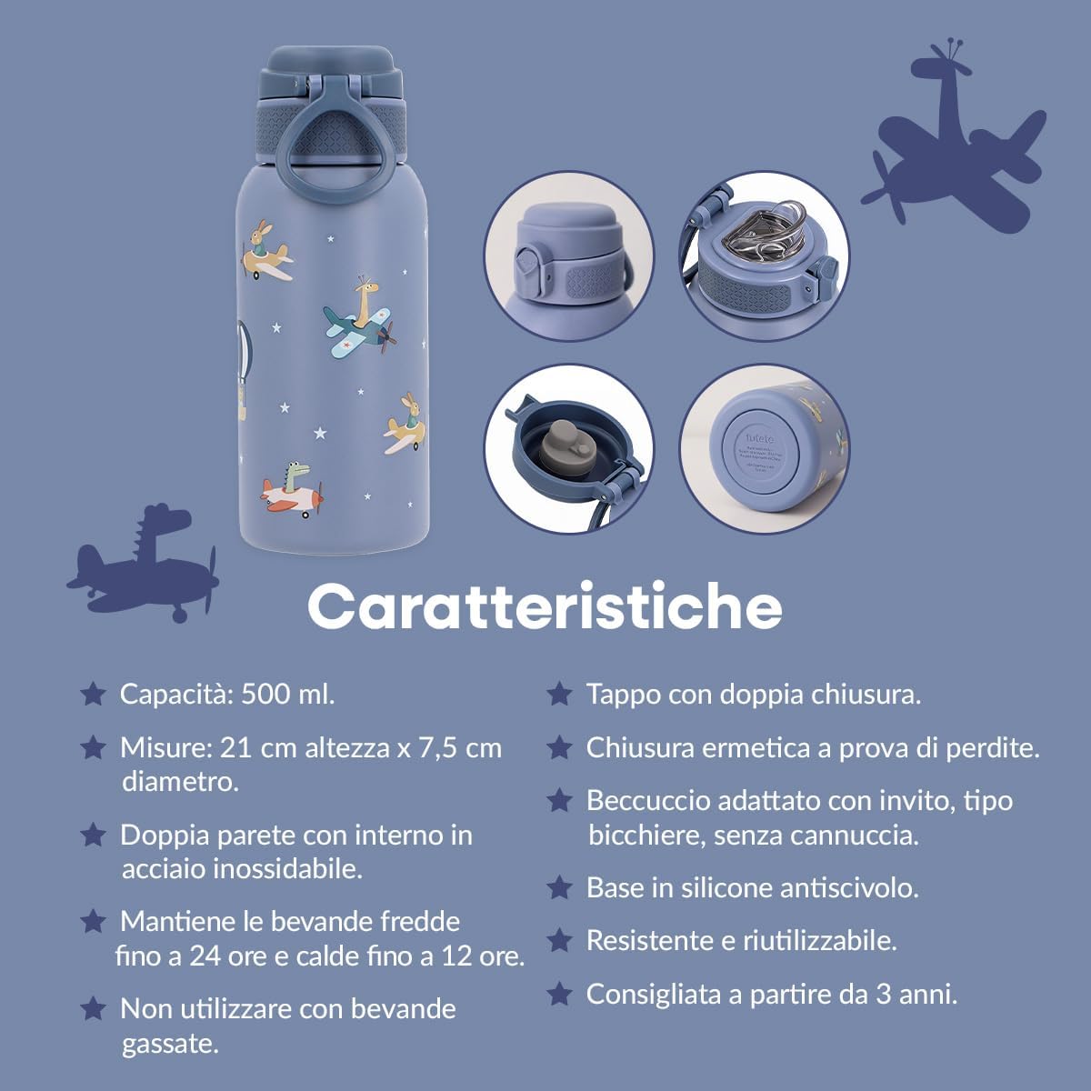 Borraccia Termica Planes Tutete - infografica pulizia e cura: lavare a mano, tappo lavastoviglie