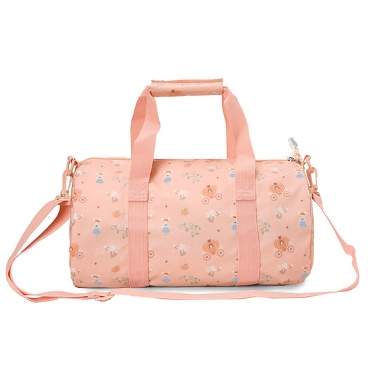 Borsa Sportiva Mouse Fairies Tutete - vista frontale rosa cipria con pattern all-over topolina Cenerentola fata madrina carrozze zucca stelle, due manici rosa cipria, tracolla regolabile e tiretto decorativo