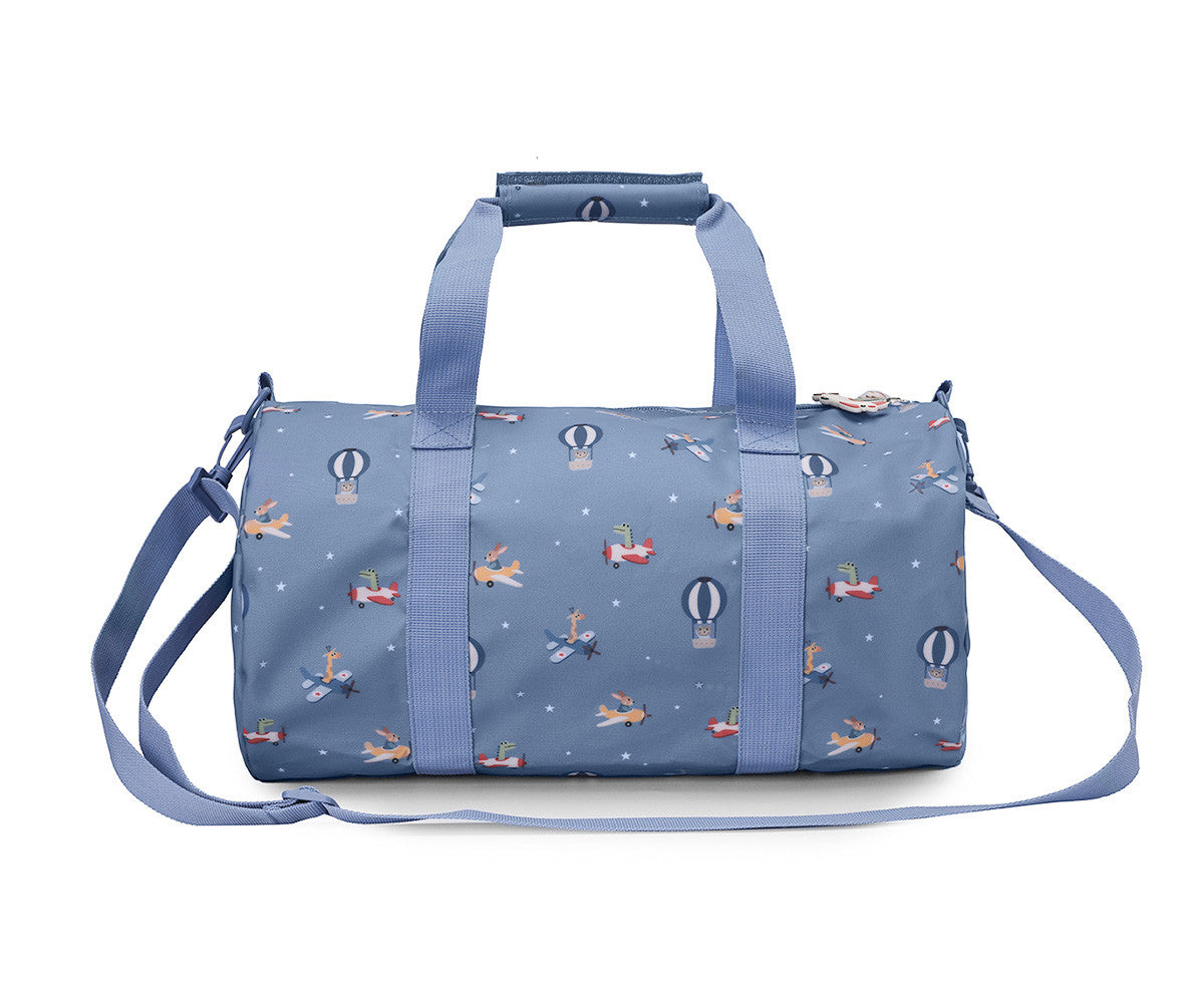 Borsa Sportiva Planes Tutete - vista frontale azzurra con fantasia animali su aeroplanini e tracolla