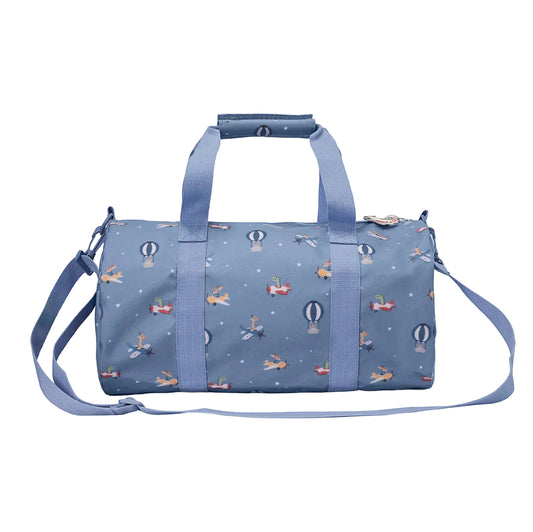 Borsa Sportiva Planes Tutete - vista frontale azzurra con fantasia animali su aeroplanini e tracolla