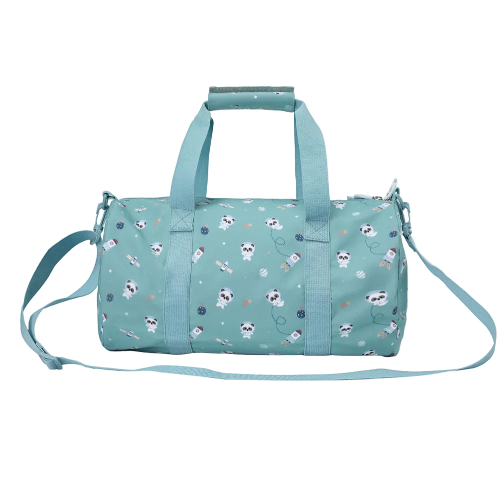 Borsa Sportiva Pandas in Space Tutete - vista laterale verde acqua con all-over pandine astronaute e razzi, tracolla teal regolabile, due manici teal