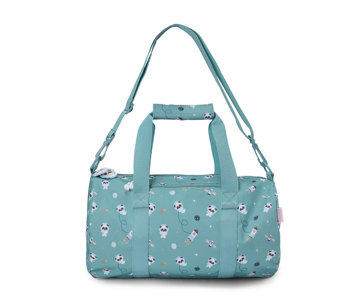 Borsa Sportiva Pandas in Space Tutete - vista frontale con manici sollevati e tracolla teal regolabile, tasca frontale con zip e tiretto decorativo