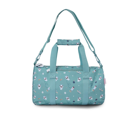 Borsa Sportiva Pandas in Space Tutete - vista frontale con manici sollevati e tracolla teal regolabile, tasca frontale con zip e tiretto decorativo
