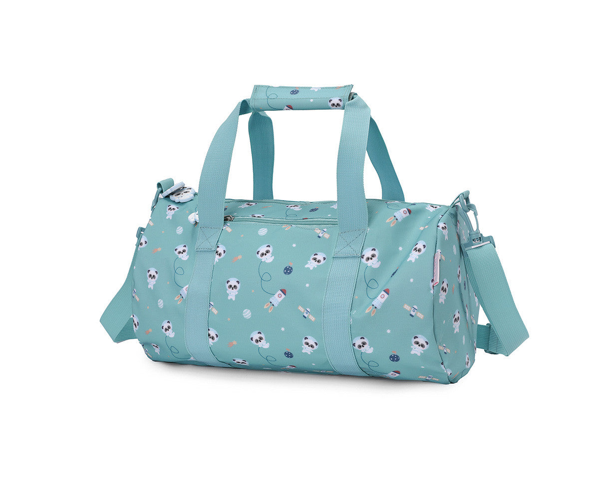 Borsa Sportiva Pandas in Space Tutete - vista 3/4 con profilo barrel, due manici teal, tracolla regolabile e tasca frontale con zip