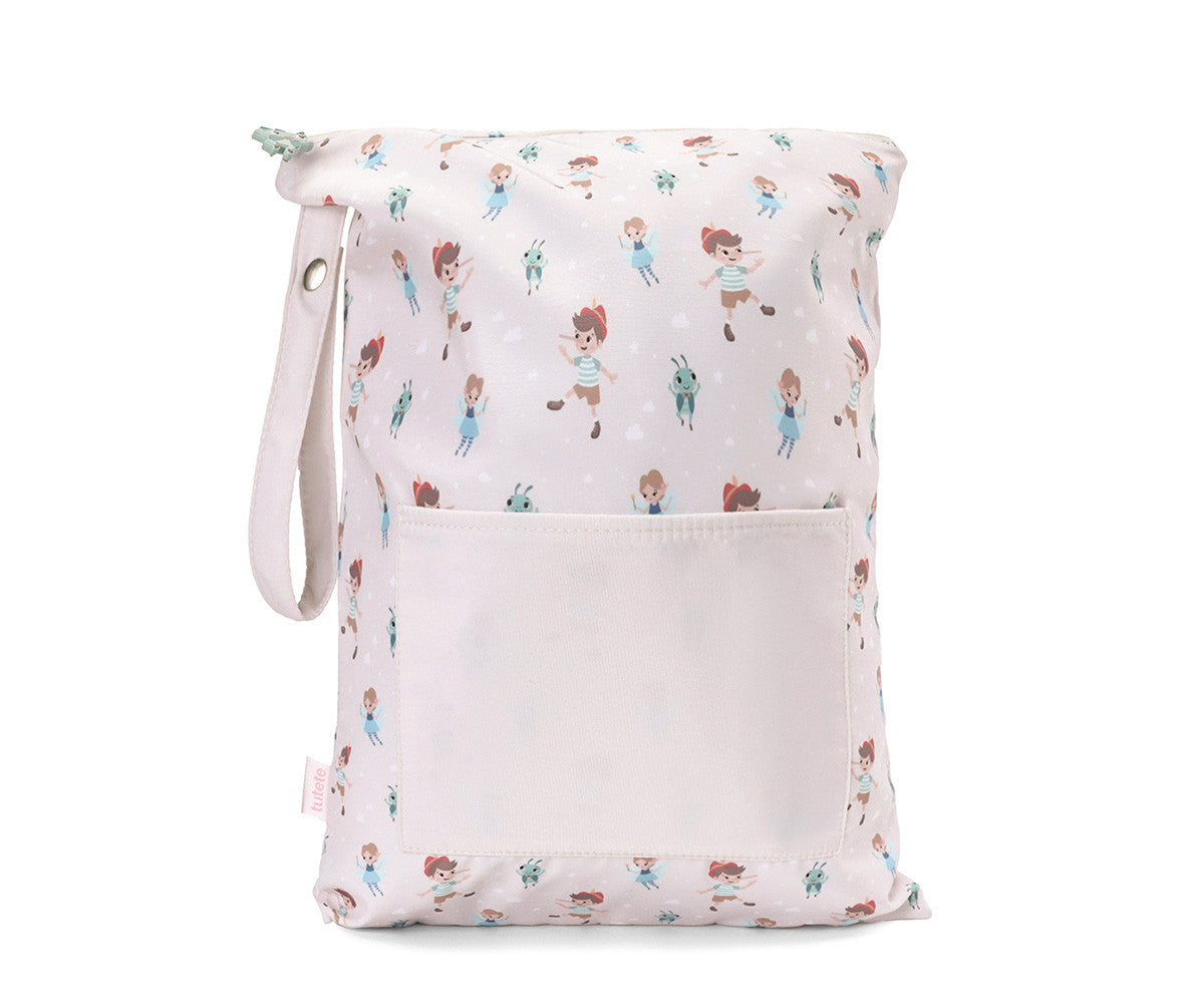 Borsa Impermeabile Grande Wooden Boy Tutete - vista frontale rosa cipria chiarissimo con fantasia all-over Pinocchio, Fatina e Grillo, tasca frontale e tiretto verde grillo