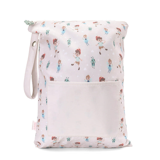Borsa Impermeabile Grande Wooden Boy Tutete - vista frontale rosa cipria chiarissimo con fantasia all-over Pinocchio, Fatina e Grillo, tasca frontale e tiretto verde grillo