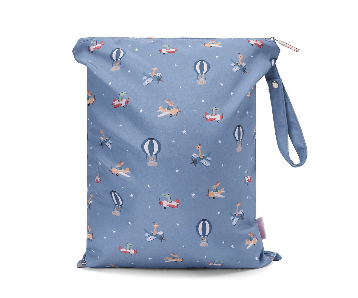 Borsa Impermeabile Grande Planes Tutete - vista frontale azzurra con fantasia animali su aeroplanini
