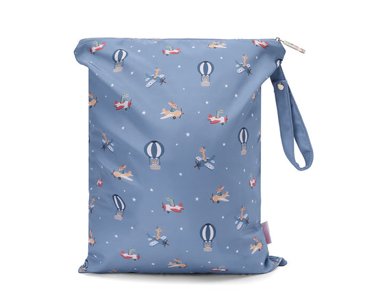 Borsa Impermeabile Grande Planes Tutete - vista frontale azzurra con fantasia animali su aeroplanini