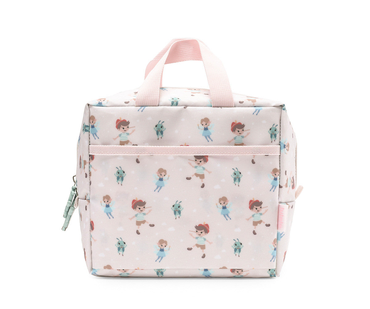 Borsa Termica Merenda Wooden Boy Tutete - vista frontale rosa cipria con fantasia all-over Pinocchio, Fatina e Grillo, tasca frontale con zip e tiretto verde