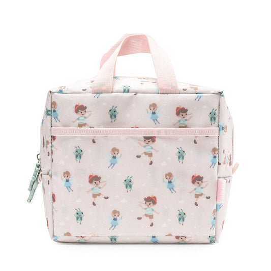 Borsa Termica Merenda Wooden Boy Tutete - vista frontale rosa cipria con fantasia all-over Pinocchio, Fatina e Grillo, tasca frontale con zip e tiretto verde