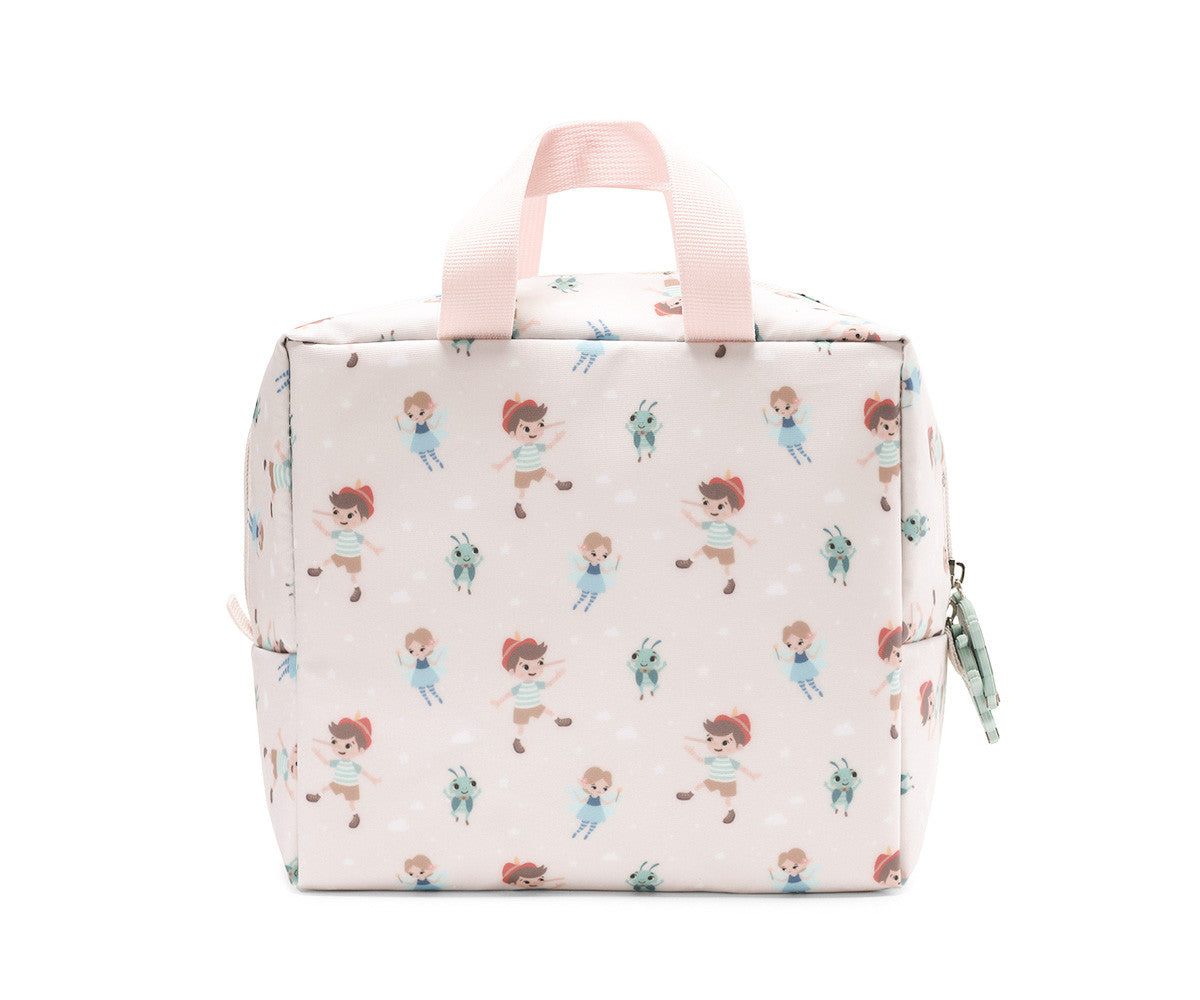 Borsa Termica Merenda Wooden Boy Tutete - vista posteriore con fantasia all-over personaggi Pinocchio e manici rosa