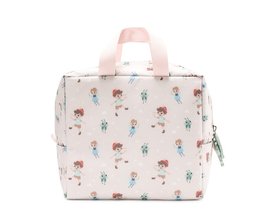 Borsa Termica Merenda Wooden Boy Tutete - vista posteriore con fantasia all-over personaggi Pinocchio e manici rosa