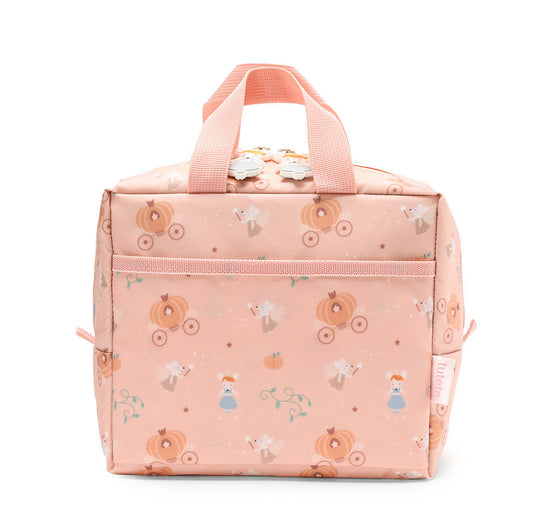 Borsa Termica Merenda Mouse Fairies Tutete - vista frontale rosa cipria con pattern all-over topolina Cenerentola fata madrina carrozze zucca stelle, manici rosa cipria e tiretto decorativo silicone