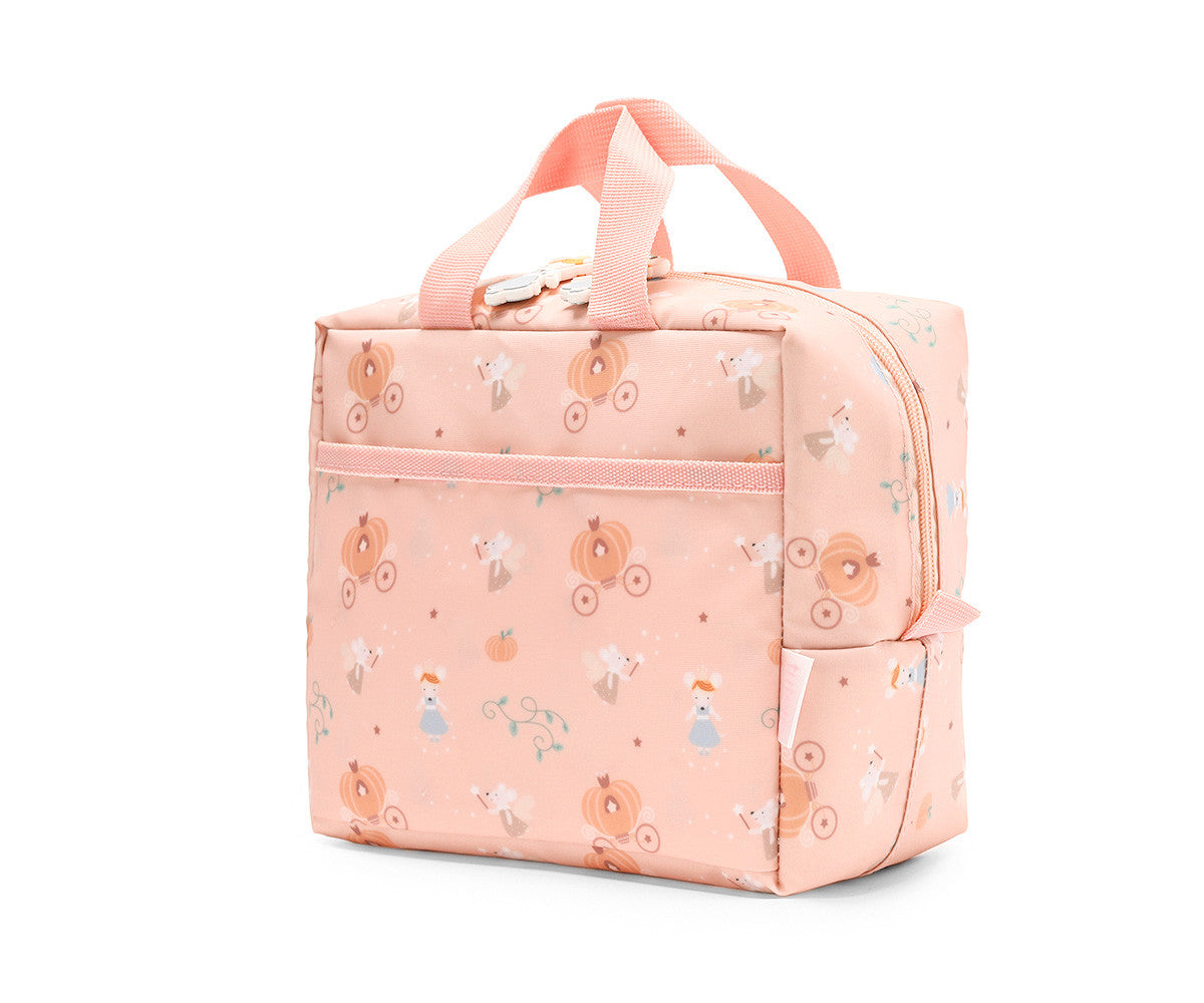 Borsa Termica Merenda Mouse Fairies Tutete - vista 3/4 laterale rosa cipria con pattern all-over topolina Cenerentola carrozze zucca, manici rosa cipria e cerniera con tiretto silicone