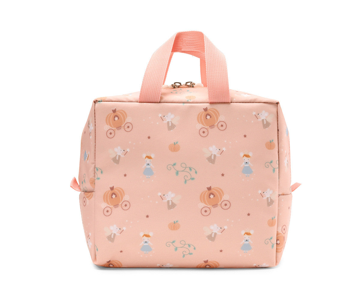Borsa Termica Merenda Mouse Fairies Tutete - vista posteriore rosa cipria con pattern all-over topolina Cenerentola fata madrina carrozze zucca stelle e manici rosa cipria