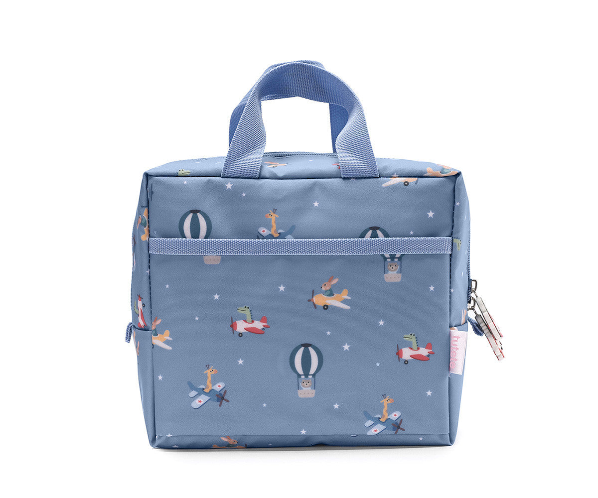 Borsa Planes Termica Merenda Tutete - vista frontale azzurra con fantasia animali su aeroplanini e manici
