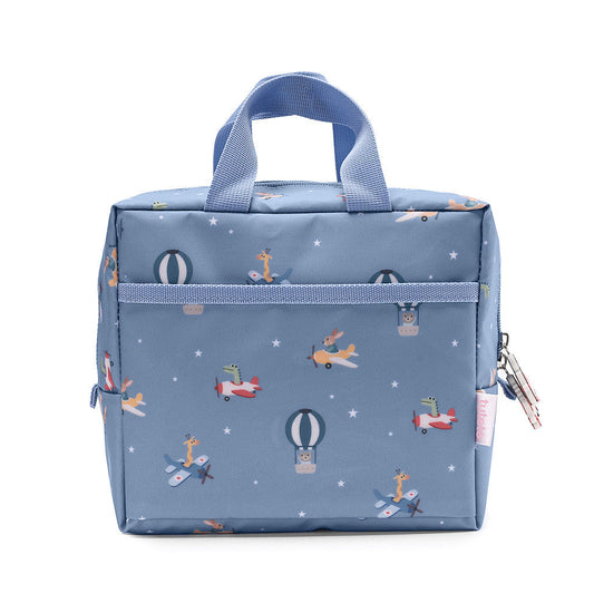 Borsa Planes Termica Merenda Tutete - vista frontale azzurra con fantasia animali su aeroplanini e manici