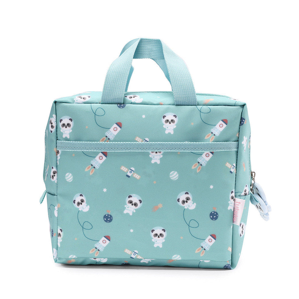 Borsa Termica Merenda Pandas in Space Tutete - vista frontale verde acqua con all-over pandine astronaute e razzi, manici teal, tiretto panda silicone