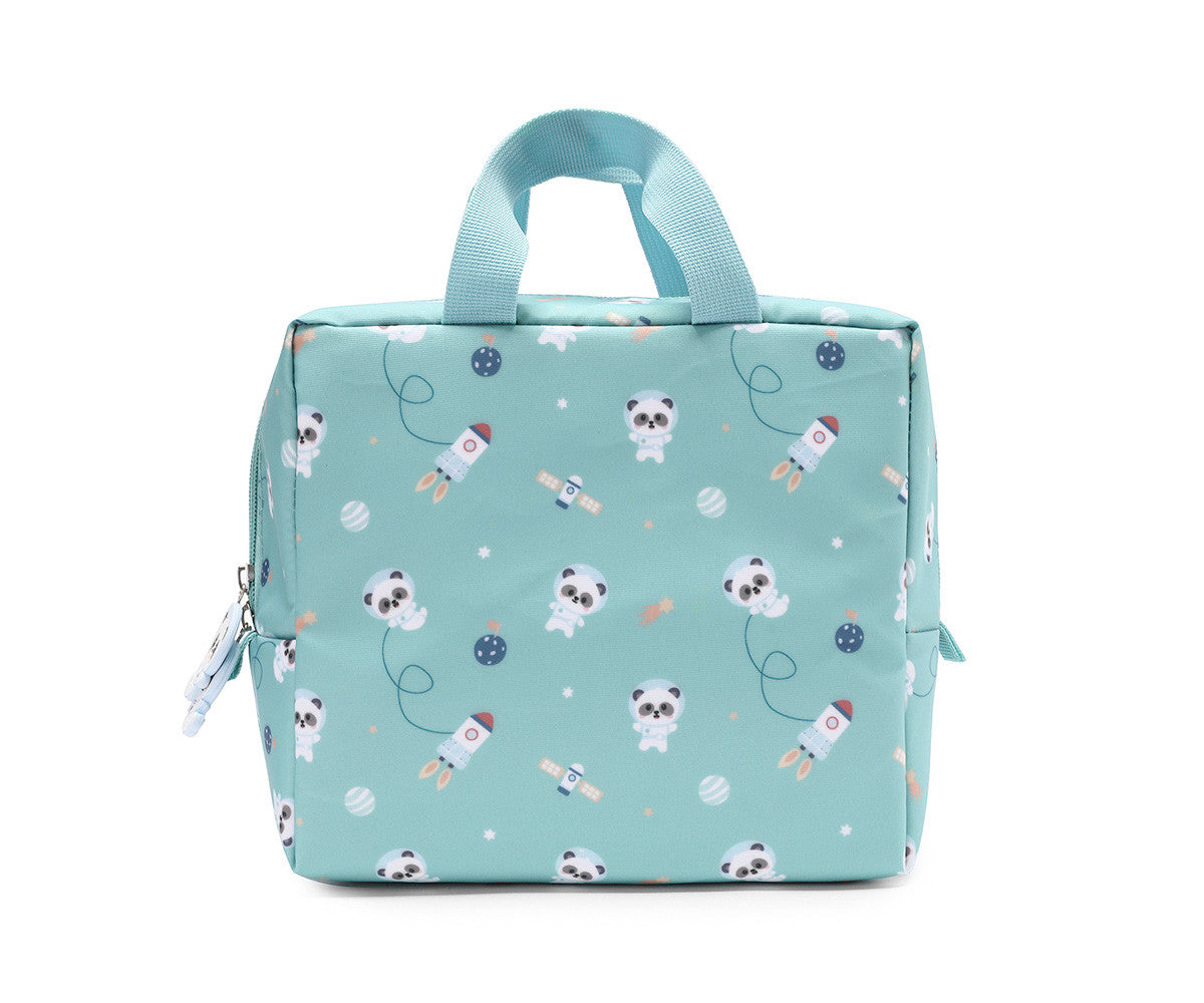 Borsa Termica Merenda Pandas in Space Tutete - vista posteriore con pattern all-over pandine astronaute, razzi e pianeti su sfondo verde acqua