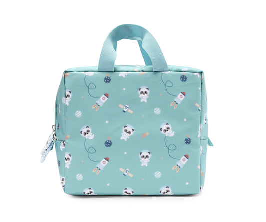 Borsa Termica Merenda Pandas in Space Tutete - vista posteriore con pattern all-over pandine astronaute, razzi e pianeti su sfondo verde acqua