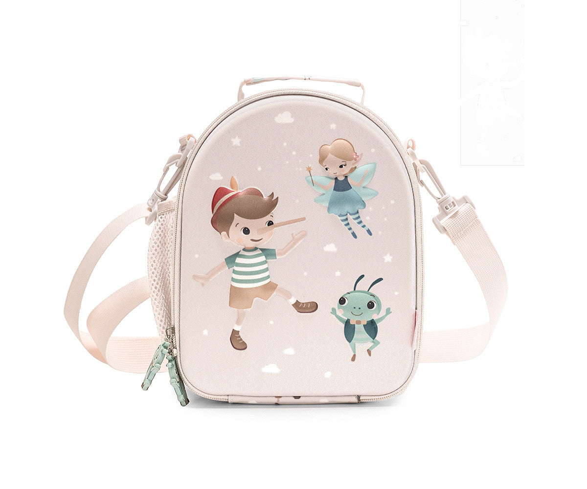 Borsa Termica 3D Wooden Boy Tutete - vista frontale rosa cipria con Pinocchio, Fatina e Grillo in rilievo 3D e tiretto grillo verde