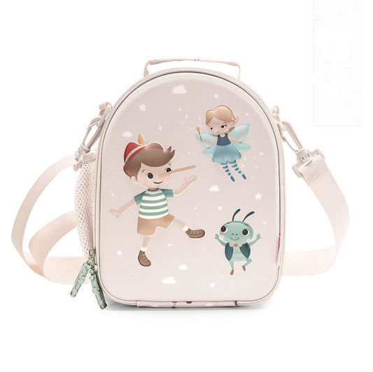 Borsa Termica 3D Wooden Boy Tutete - vista frontale rosa cipria con Pinocchio, Fatina e Grillo in rilievo 3D e tiretto grillo verde